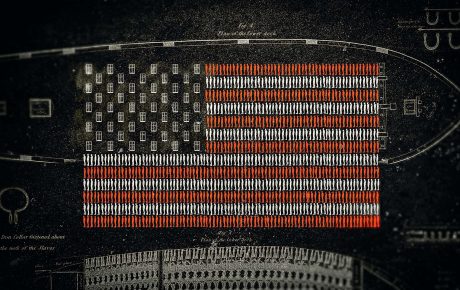 Illustration of of people and windows creating the American flag