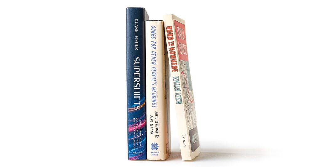 Book spines by Ja-Naé Duane, Steve Fisher, David Levithan, and Emily Lieb