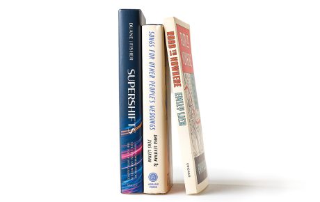 Book spines by Ja-Naé Duane, Steve Fisher, David Levithan, and Emily Lieb