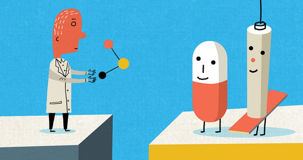 Illustration of researcher pill and medical needle