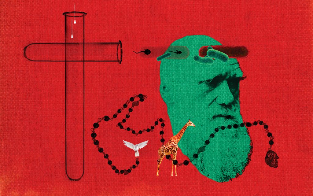 Illustration of Charles Darwin, test tubes, and a Catholic rosary.