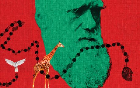 Illustration of Charles Darwin, test tubes, and a Catholic rosary.