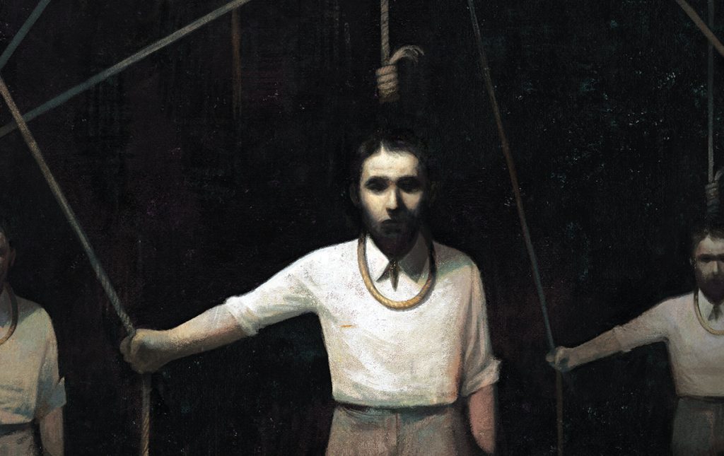 Illustration of a man in in the gallows, holding the rope that releases the noose around his neck