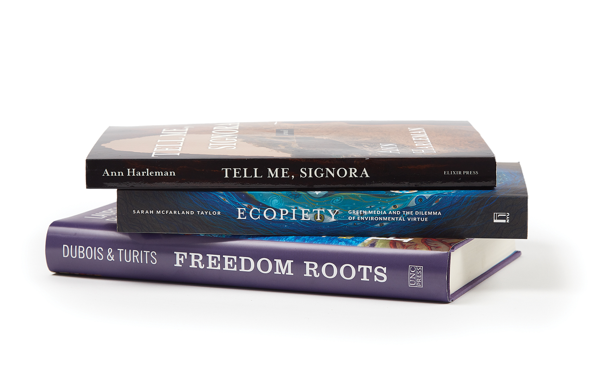 Image of books by Ann Harleman ’88 AM, Sarah McFarland Taylor ’90, and Richard Lee Turits ’83