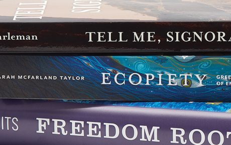 Image of books by Ann Harleman ’88 AM, Sarah McFarland Taylor ’90, and Richard Lee Turits ’83