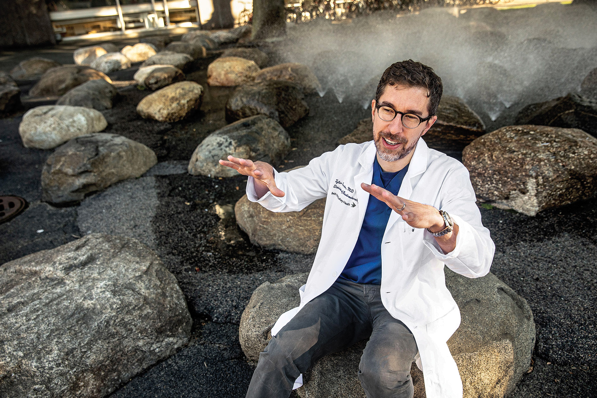 Image of Dr. Tyler Berzin at the Harvard Science Center fountain