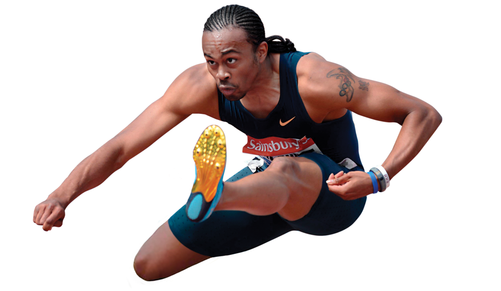 Image of Aries Merritt clearing a hurdle in 2013.