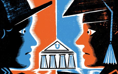 Illustration by Irene Rinaldi of two graduates speaking to one another when a university building in the background.