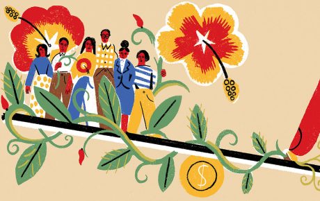 Illustration by Irene Rinaldi of a large hand pressing down a balance beam with a group of immigrants at the other end.