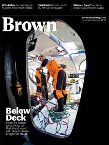 Image of Brown Alumni Magazine's November–December 2023 cover featuring Charlie Enright ’08 in his racing boat
