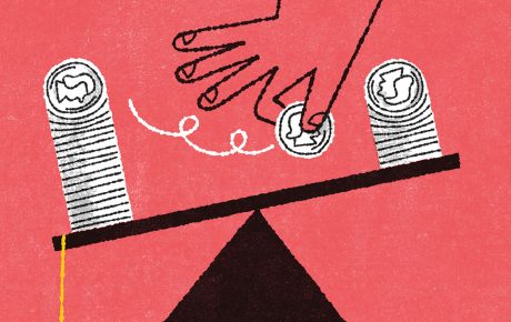 Illustration by James Heimer of a graduation cap as a scale with money being weighed.