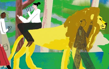 Illustration by Luke Best of a teacher teaching a class holding a book while riding a lion.