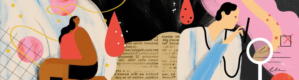 Illustration by Michela Buttignol of a woman with illustrated cells and a blood drop.