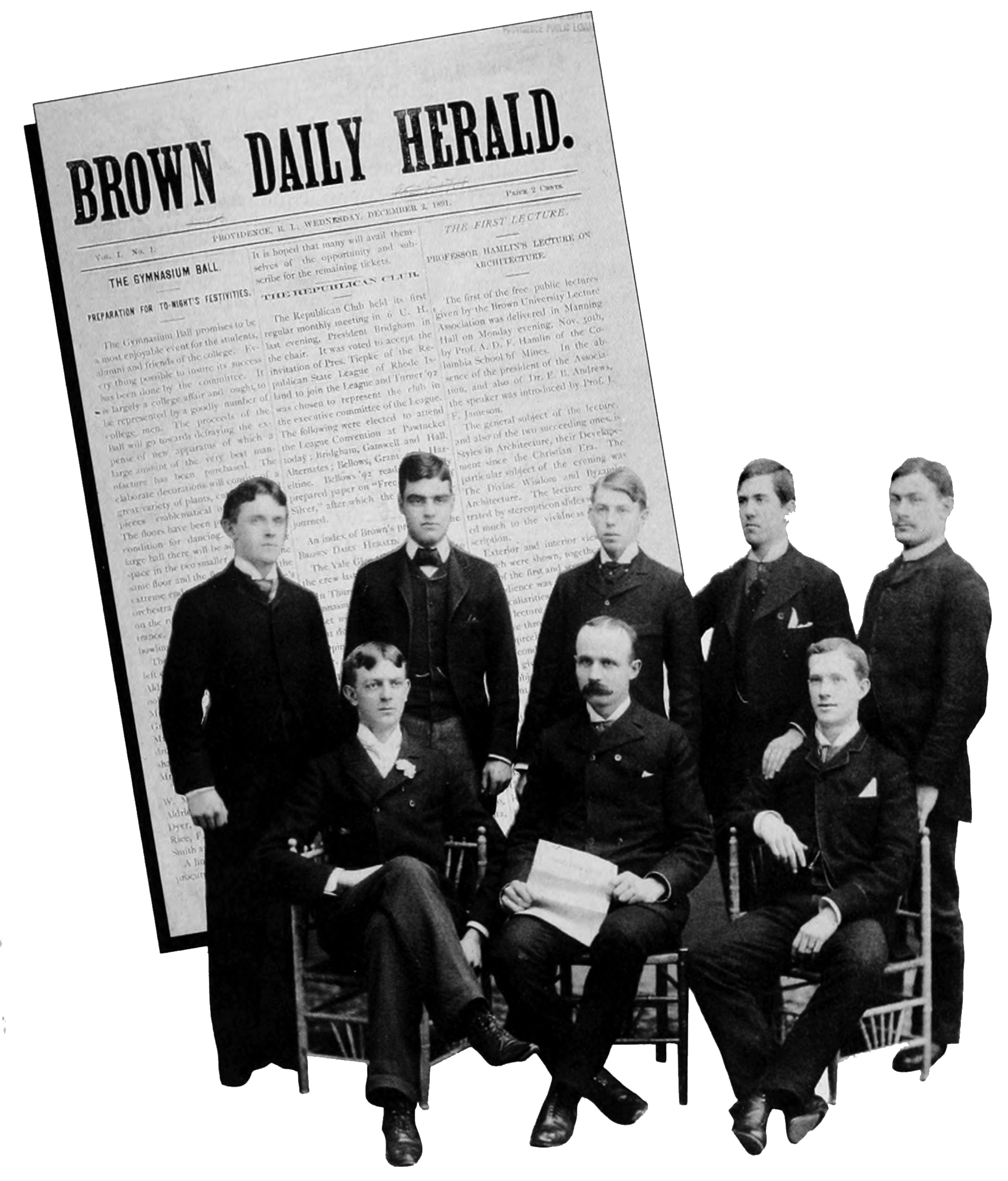 Archival image of the first staff and the first issue of the Brown Daily Herald in 1891.