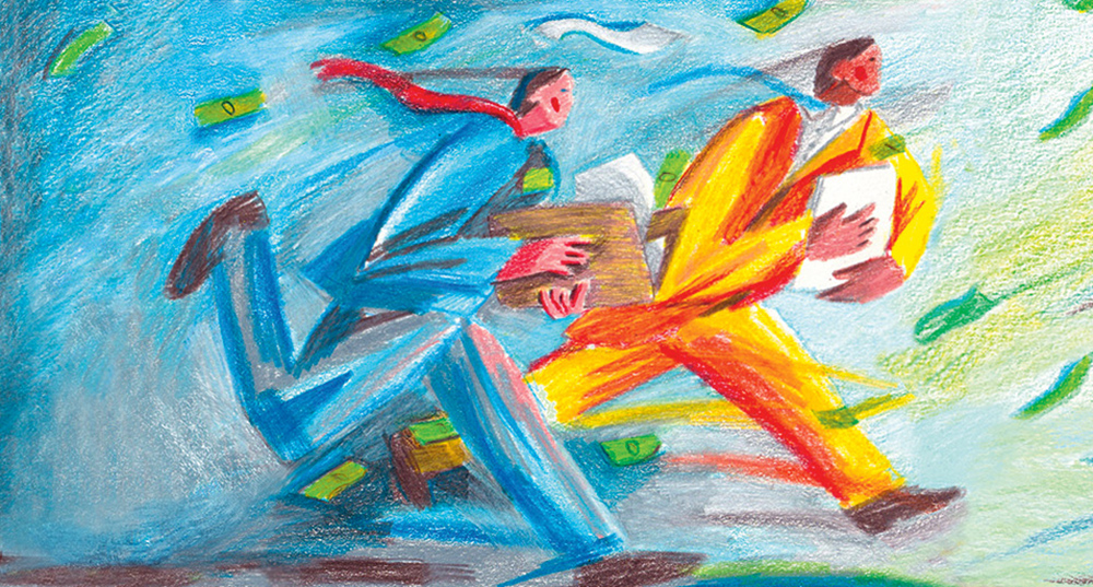 Illustration by Pat Thomas of two individuals with suits on running with papers in their hands and money flying around.