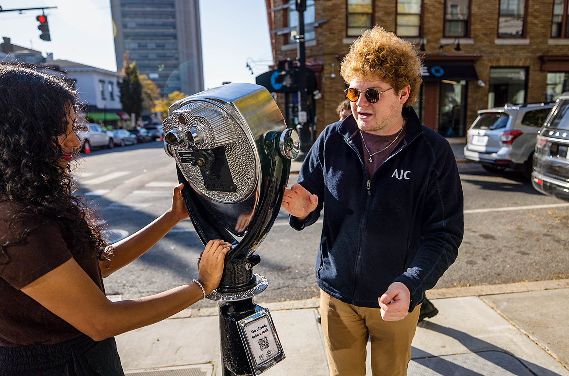 Daniel Solomon ’26 working on The Blind Urban Subject installation on a Providence street