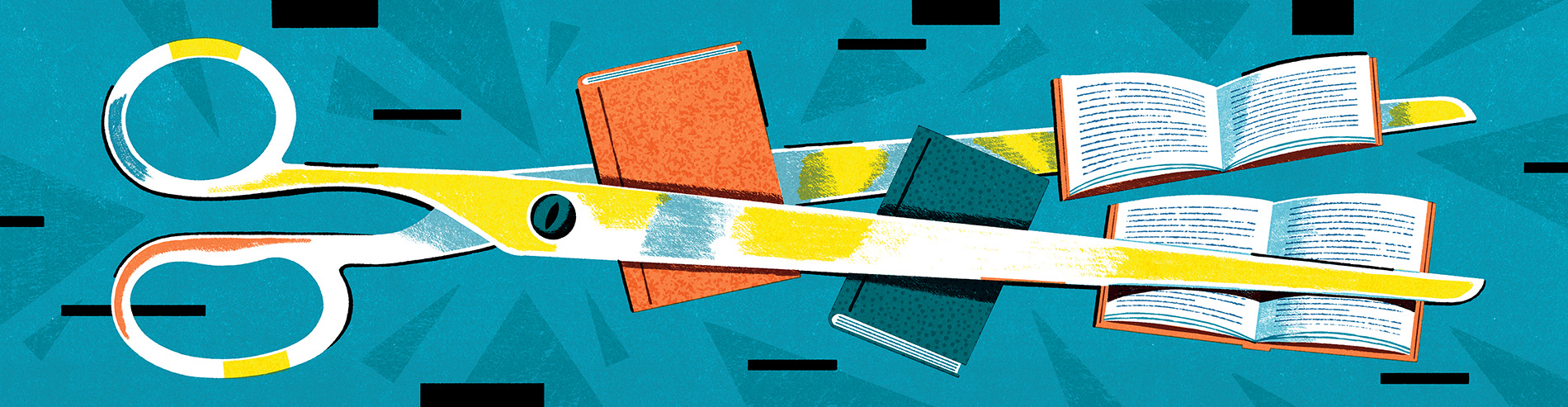 Illustration by Mar Hernández of scissors cutting books.
