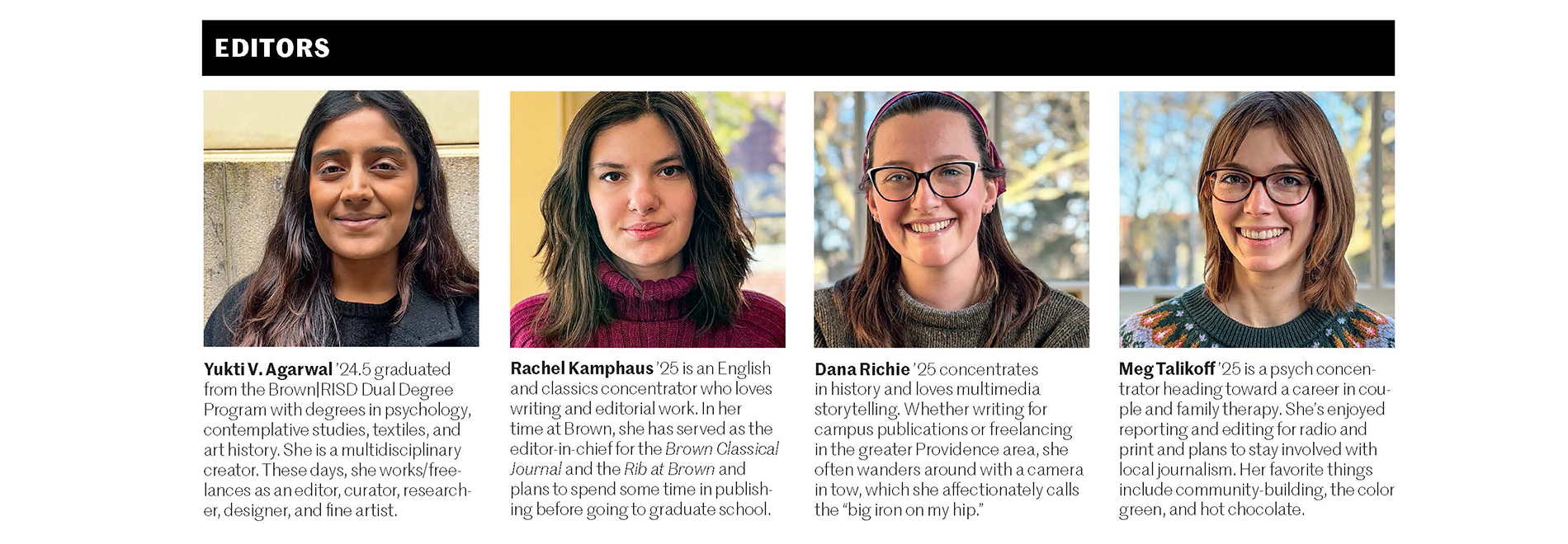 Image of BAM special guest editors Yukti Agarwal, Rachel Kamphaus, Dana Richie, and Meg Tailkoff, with descriptions of who they are.