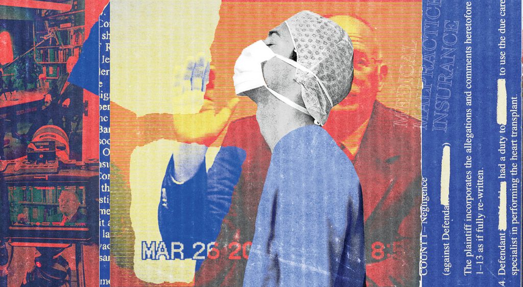 Illustration by Celina Pereira of a dr in scrubs with someone swearing in behind him