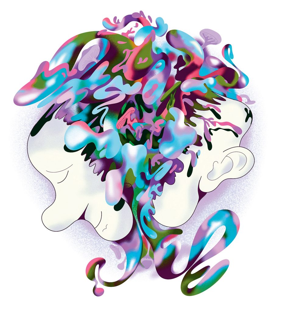 Illustration by Karol Banach of two parts of a head with trippy squiggles in the middle