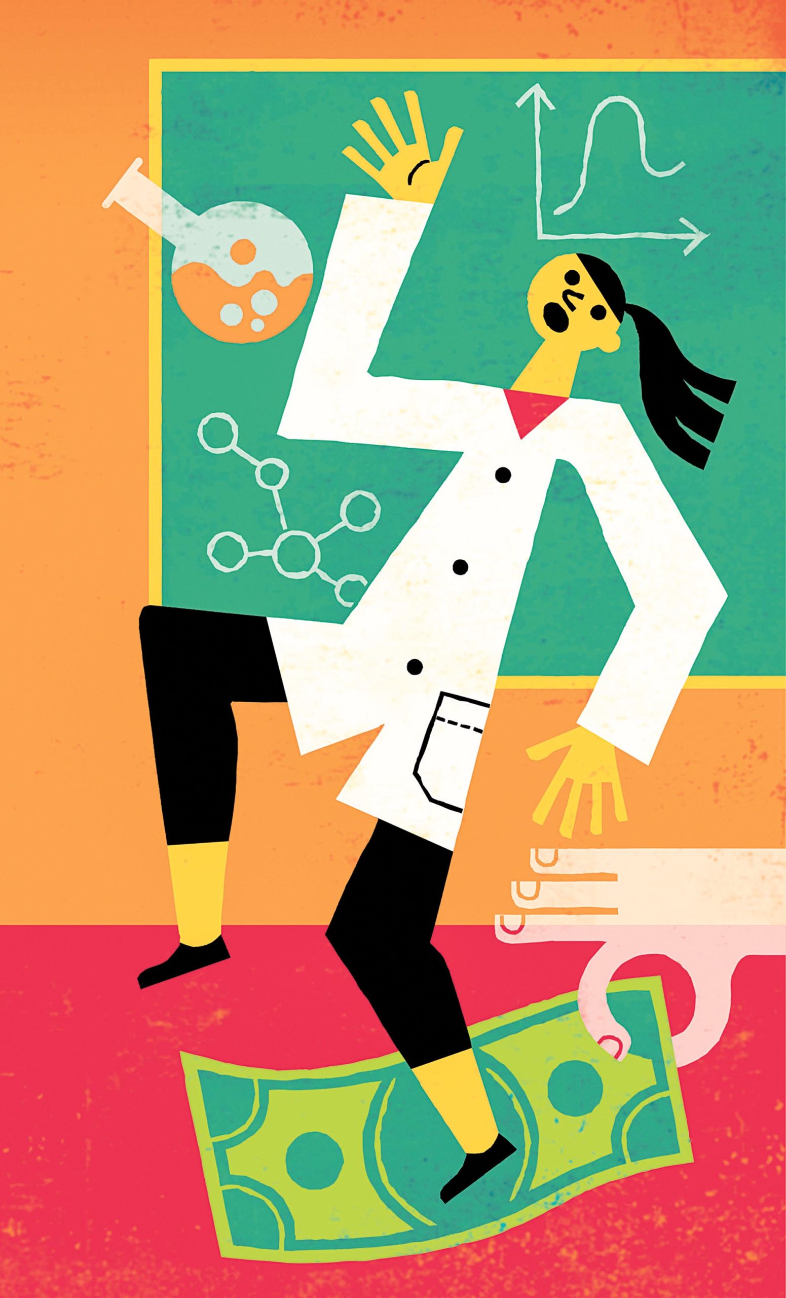Illustration by Tim Cook of a professor slipping on a dollar bill being pulled out from under, with chalkboard behind and a beaker flying through the air.