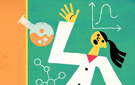 Illustration by Tim Cook of a professor with chalkboard behind and a beaker flying through the air.