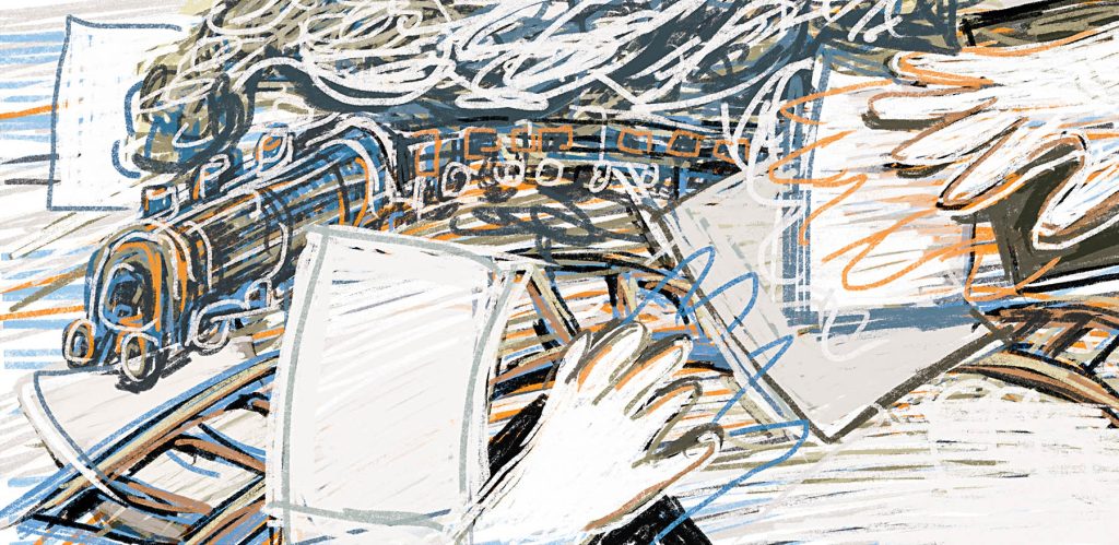 Illustration by Veronyka Jelinek of two hands reaching for one another and paper and a train in the background