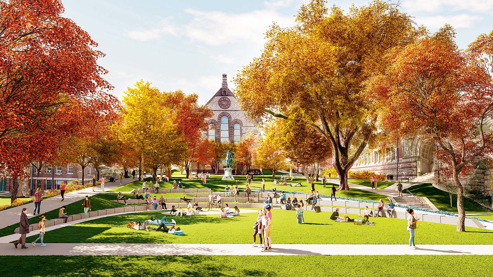 AI rendering of an amphitheater on Simmons Quad in the fall