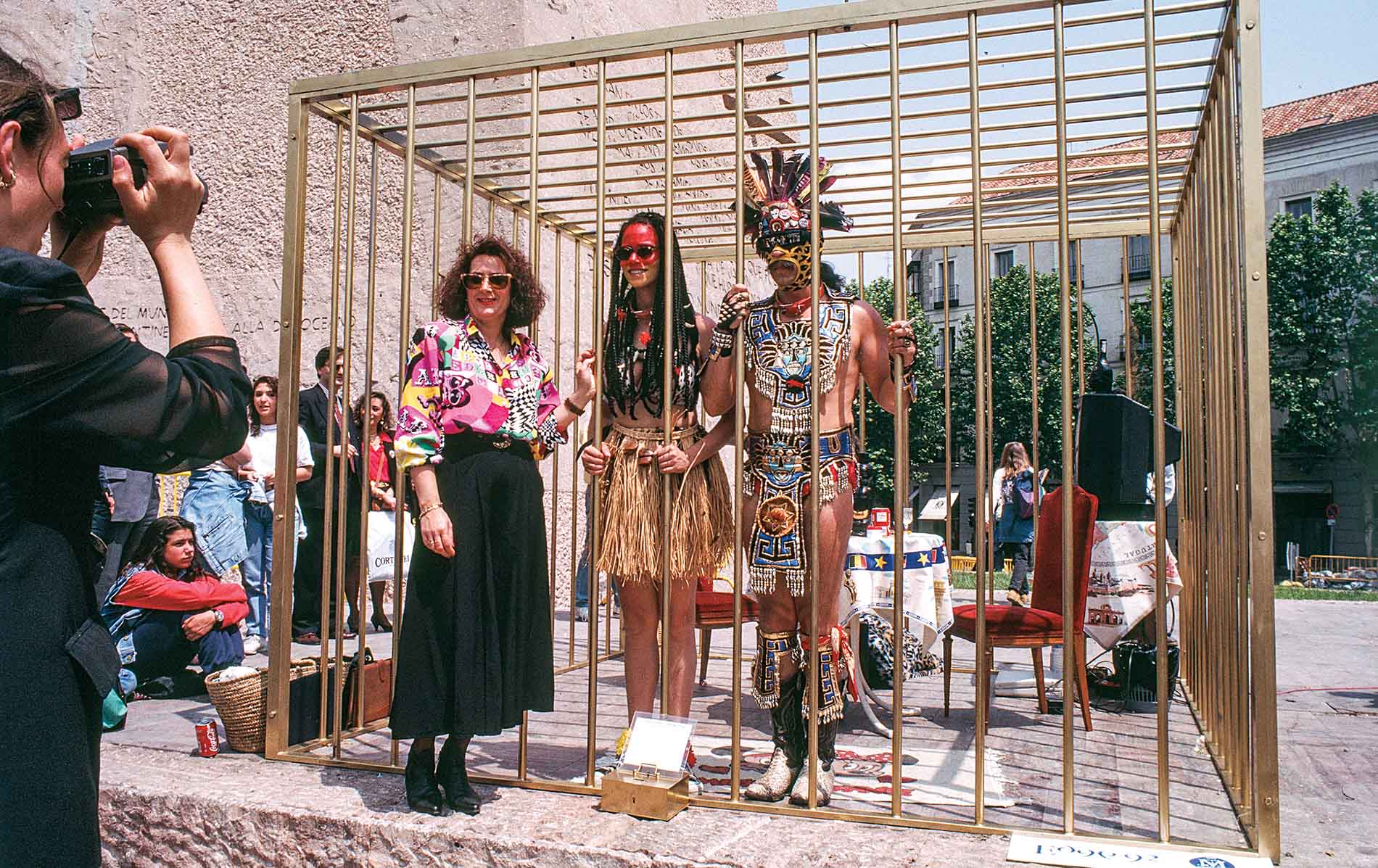 Fusco with Gómez-Peña as fictional members of the “Guatinaui” tribe, in Madrid in 1992.