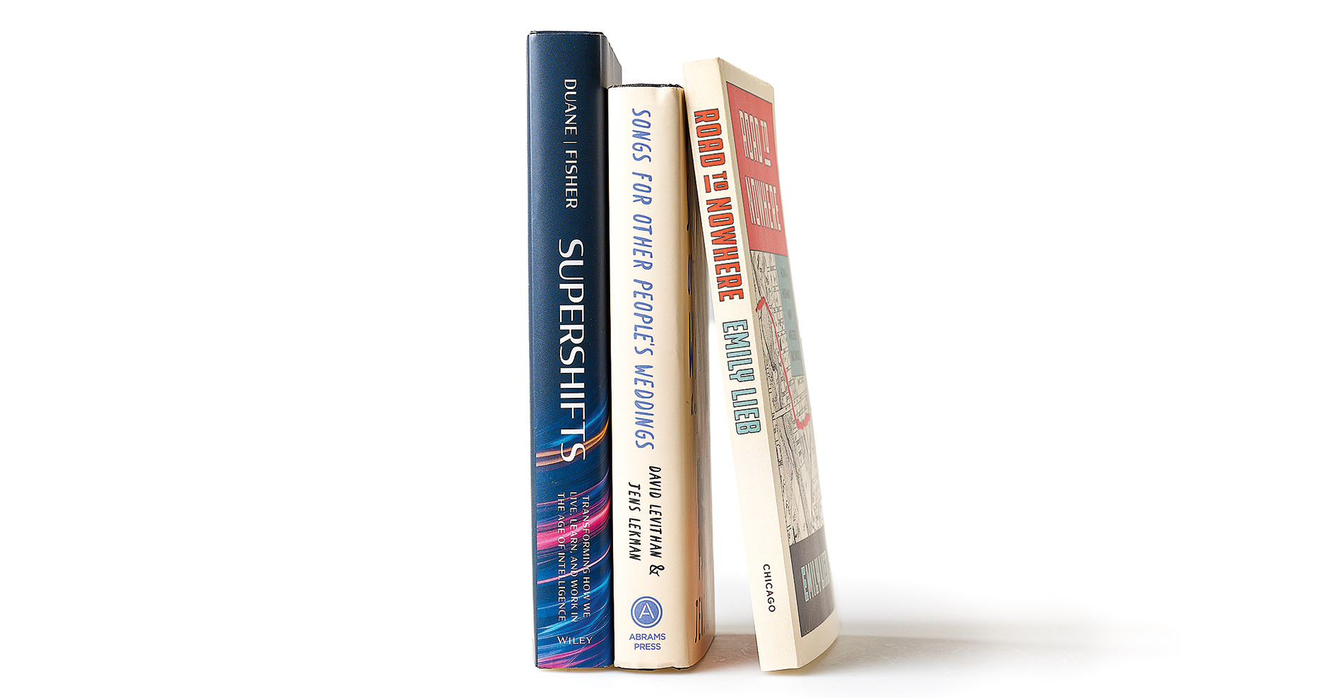 Book spines by Ja-Naé Duane, Steve Fisher, David Levithan, and Emily Lieb